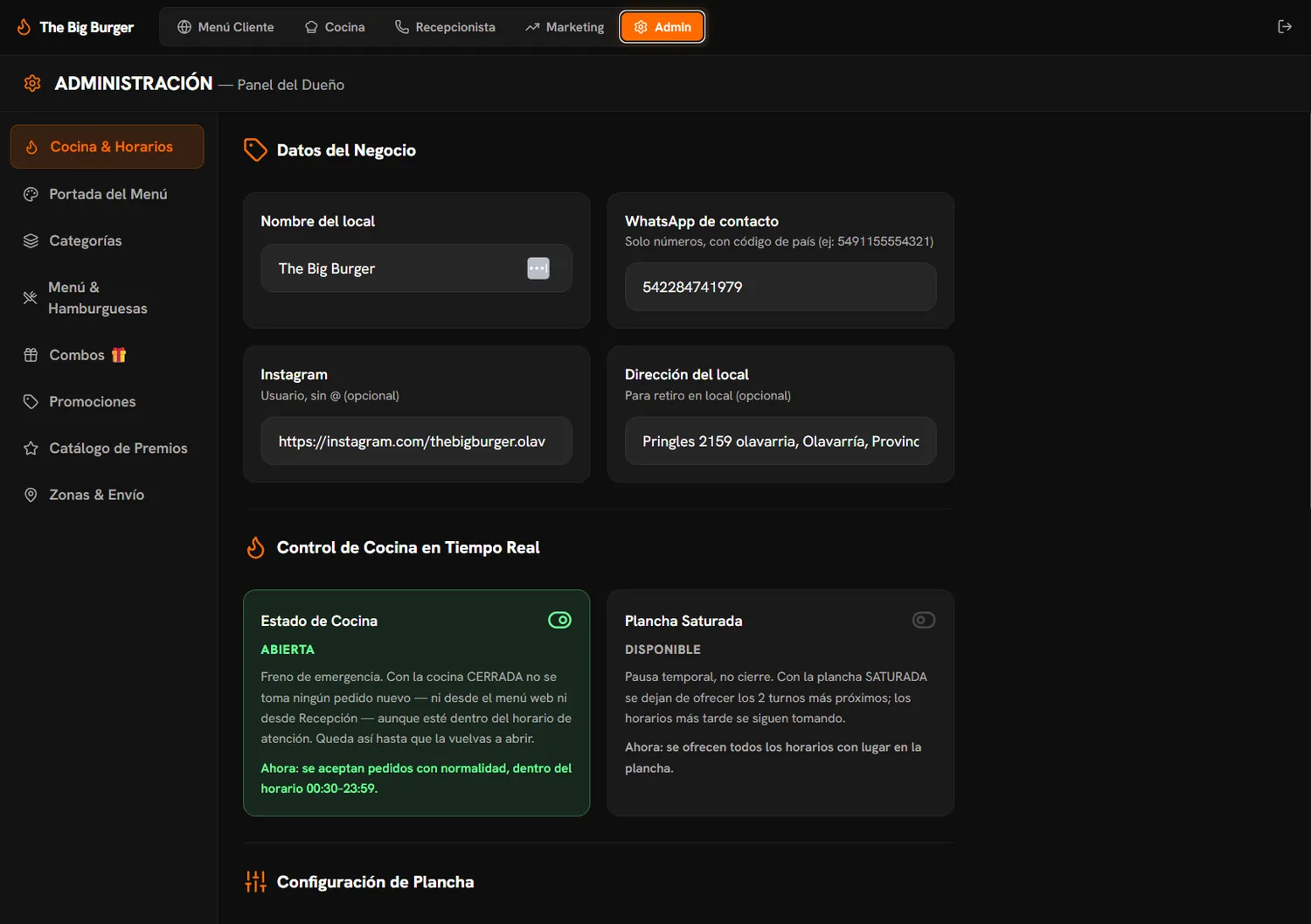 Panel de administración del dueño con datos del negocio y control de cocina en tiempo real