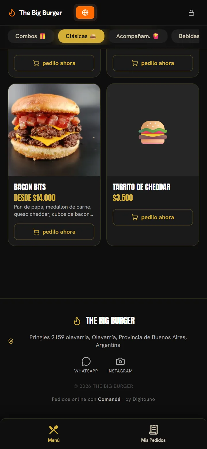 Pie del menú de The Big Burger con dirección, WhatsApp, Instagram y la firma 'Pedidos online con Comandá · by Digitouno'