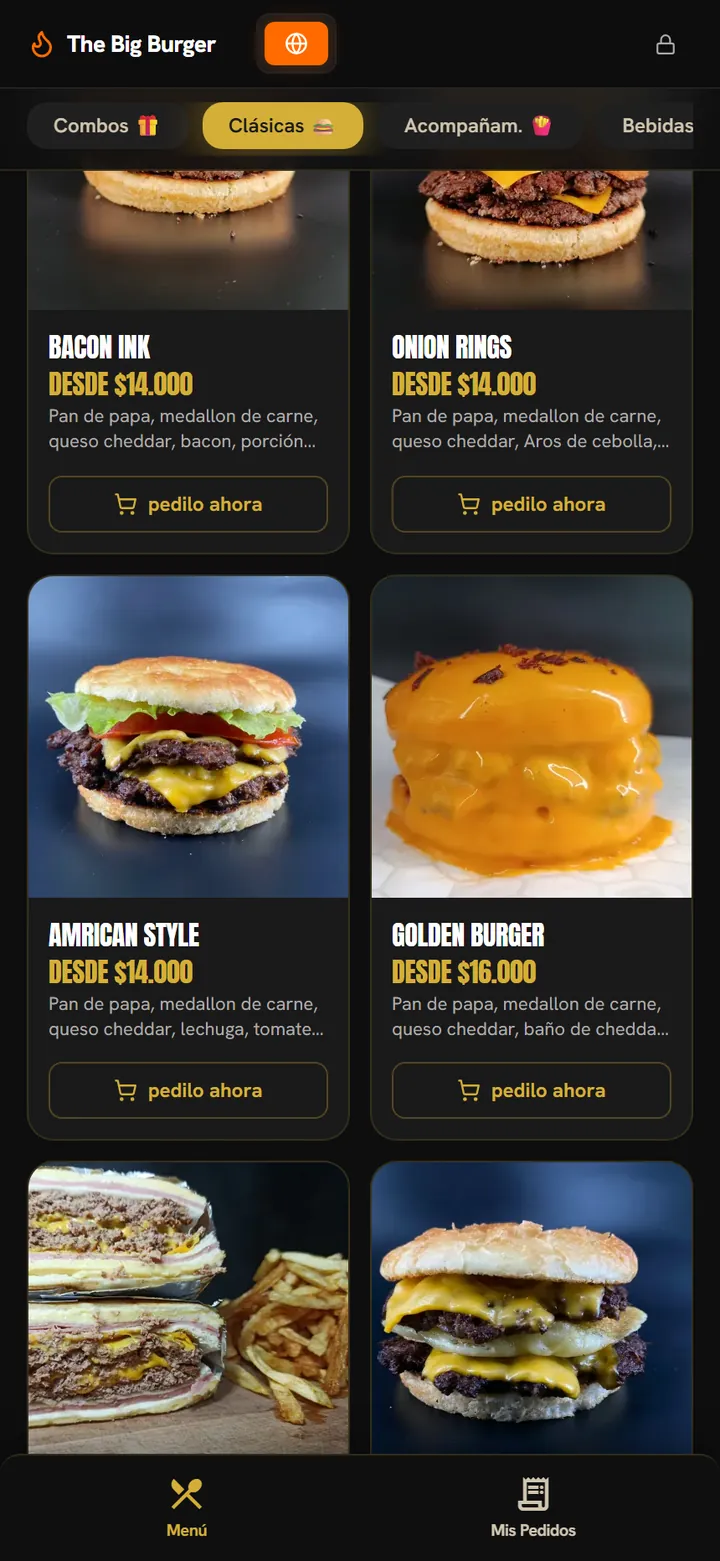 Grilla de productos del menú online con fotos, precios y botón 'pedilo ahora'