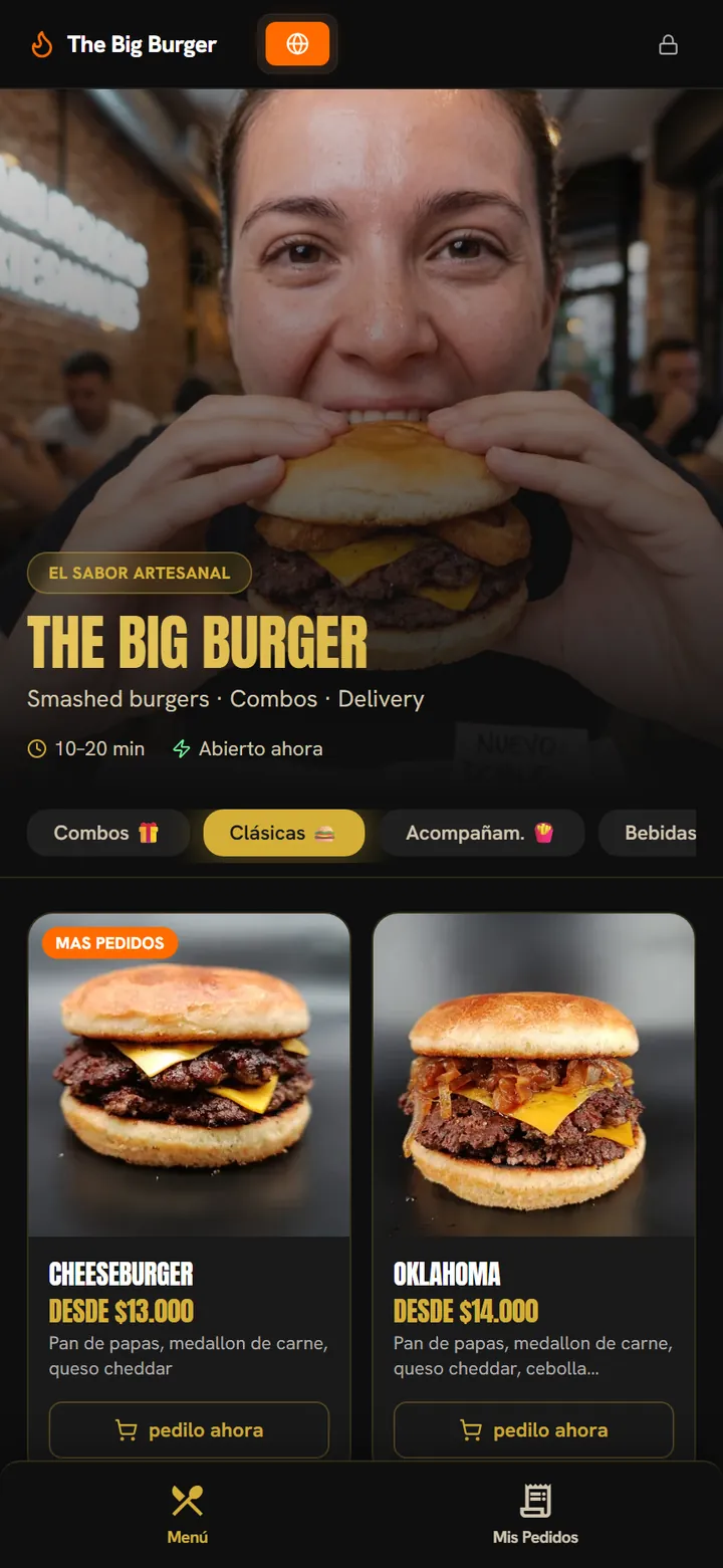 Menú online de The Big Burger hecho con Comandá: portada del local, categorías y hamburguesas con precio y botón para pedir